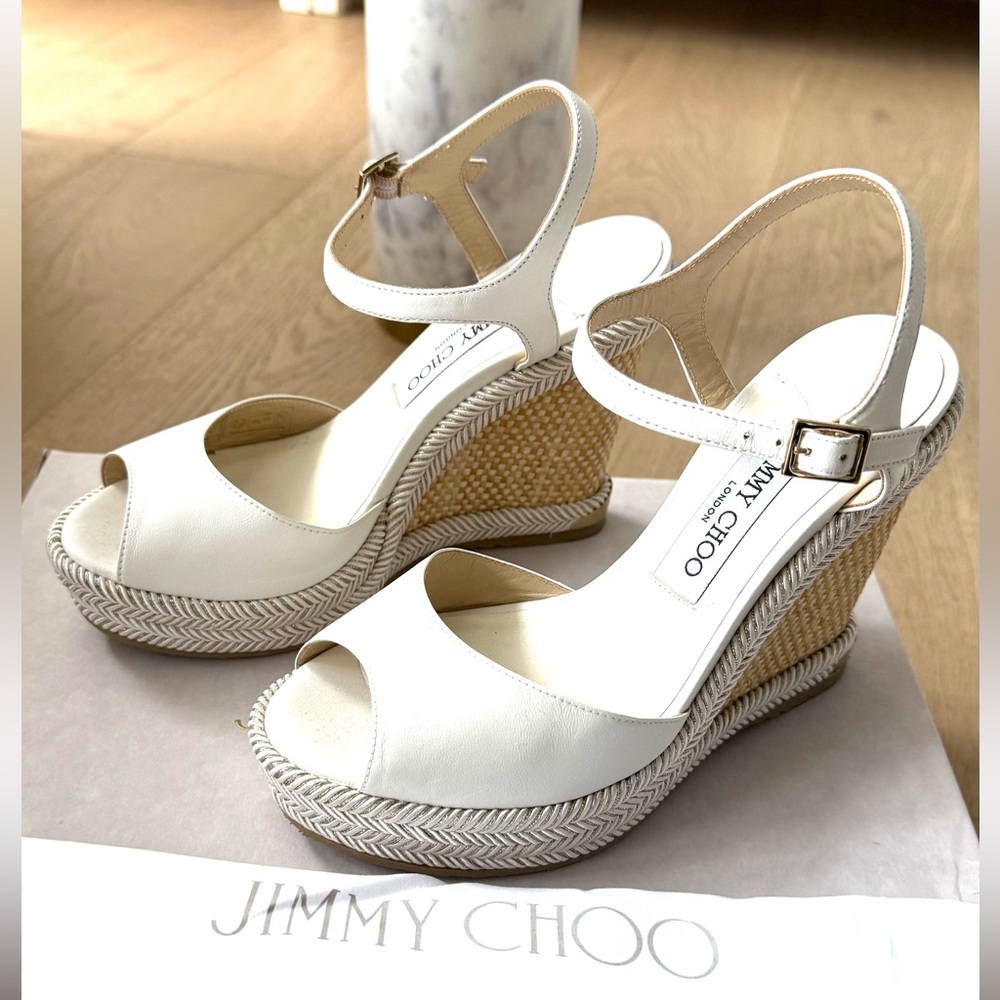 Jimmy Choo Women’s Raffia Nappa Wedge Heel Espadrilles – White – NEW